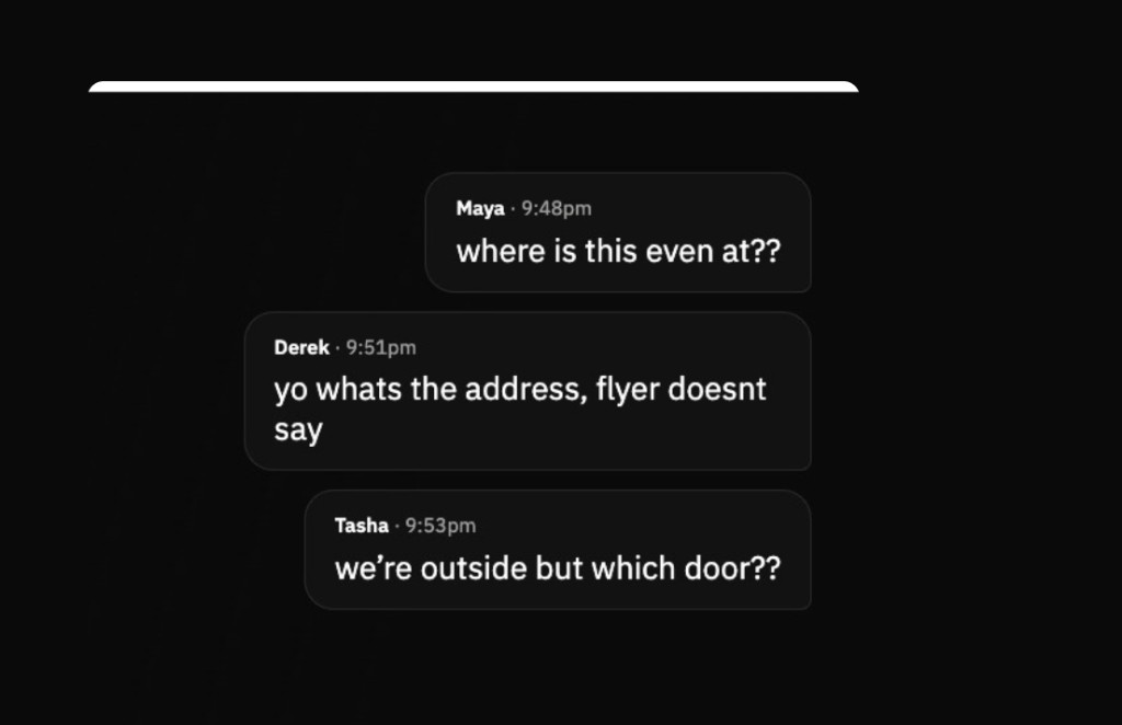Group chat messages asking where the event is, what the address is, and which door to use — because the flyer didn't say.
